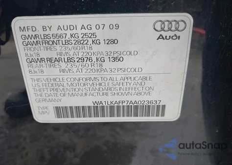 2010 Audi Q5 3.2 Premium z USA, uszkodzony, nr VIN WA1LKAFP7AA023637